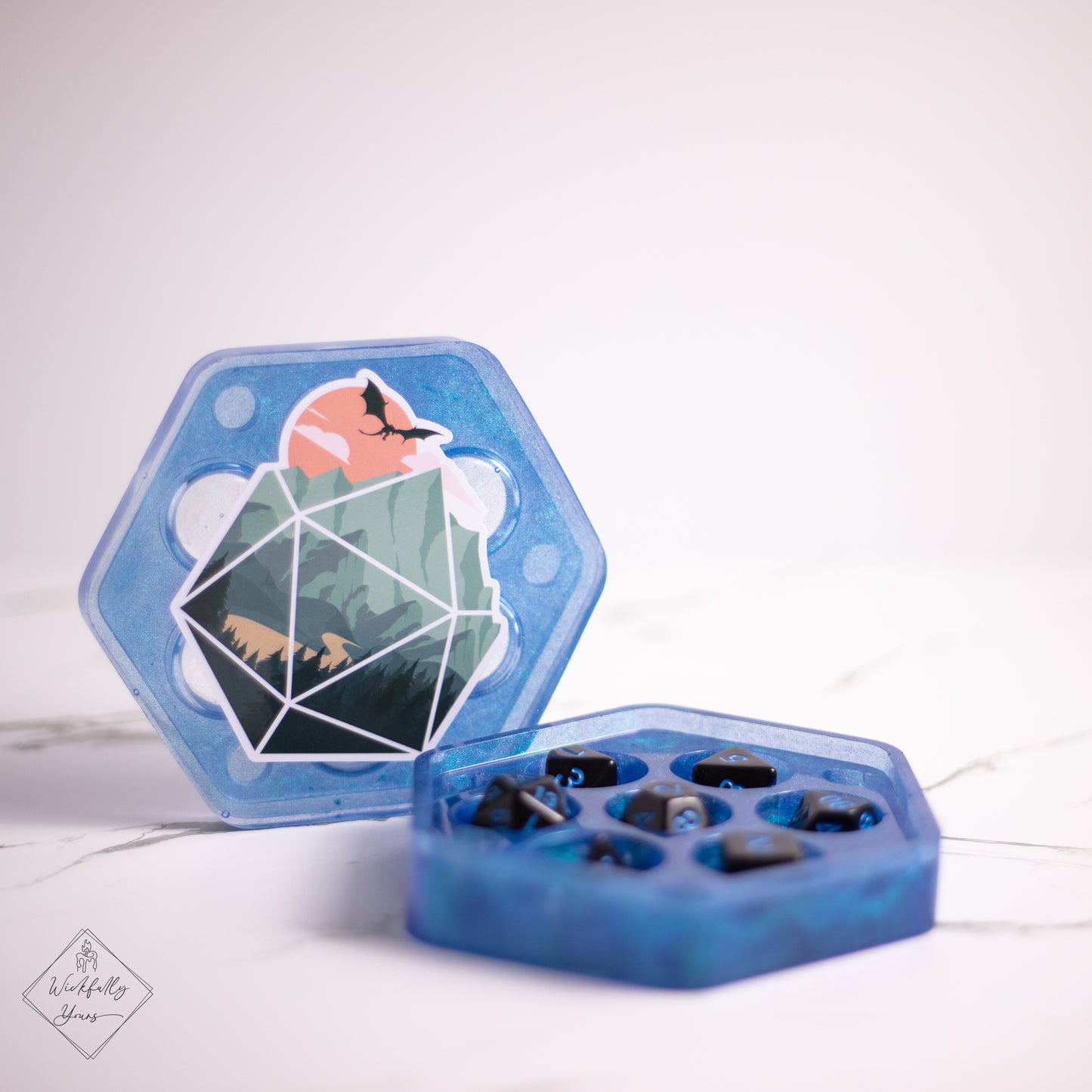 Blue resin dice box front