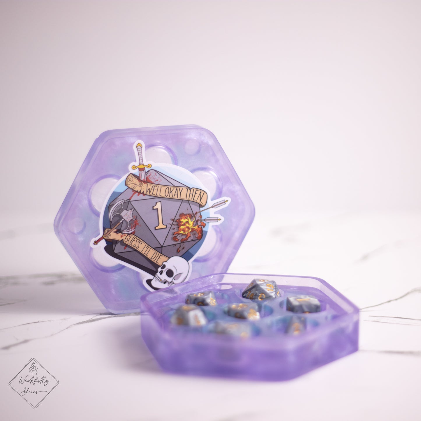 Purple resin dice box front