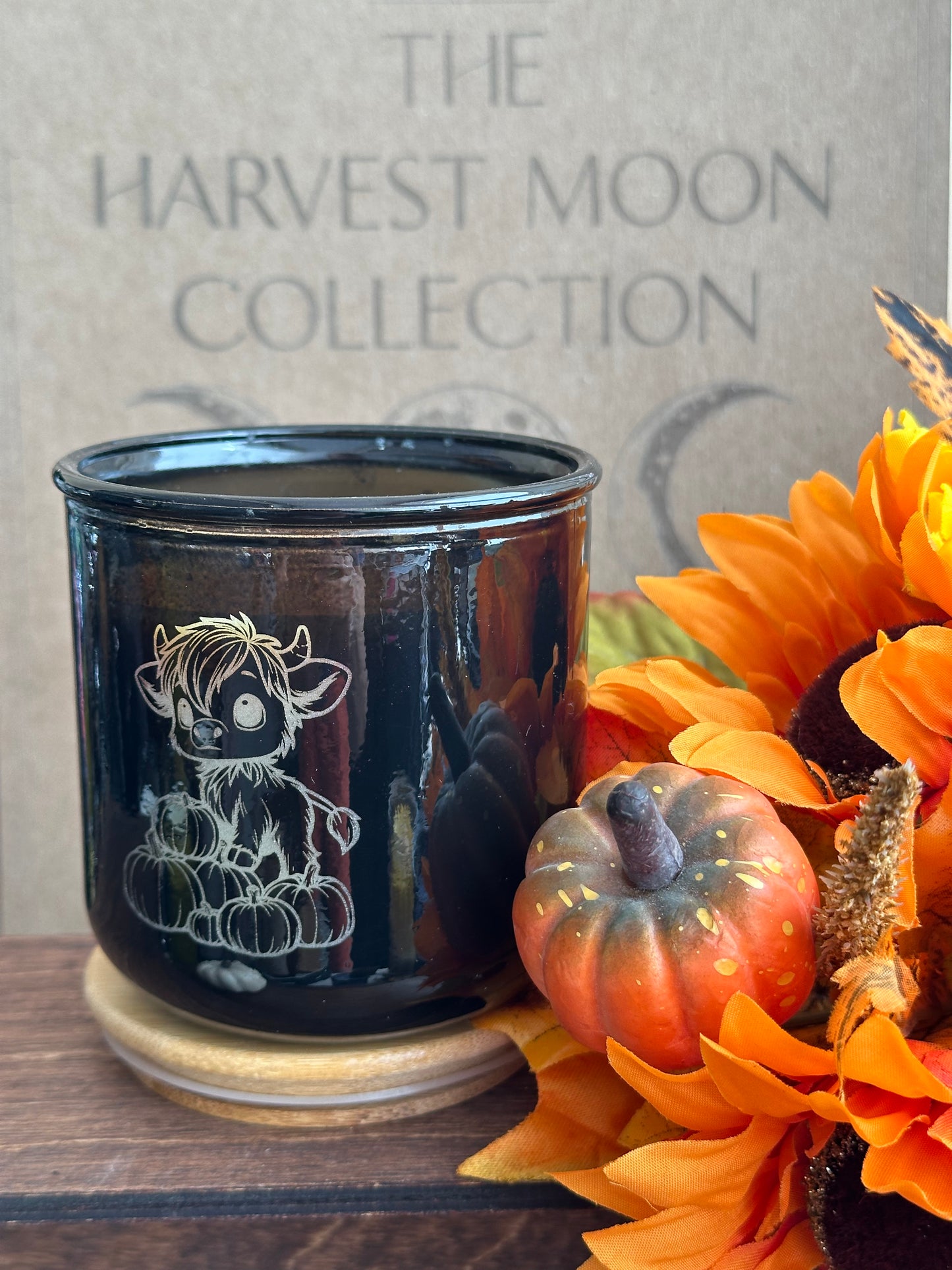 soy candle with laser etched highland cow